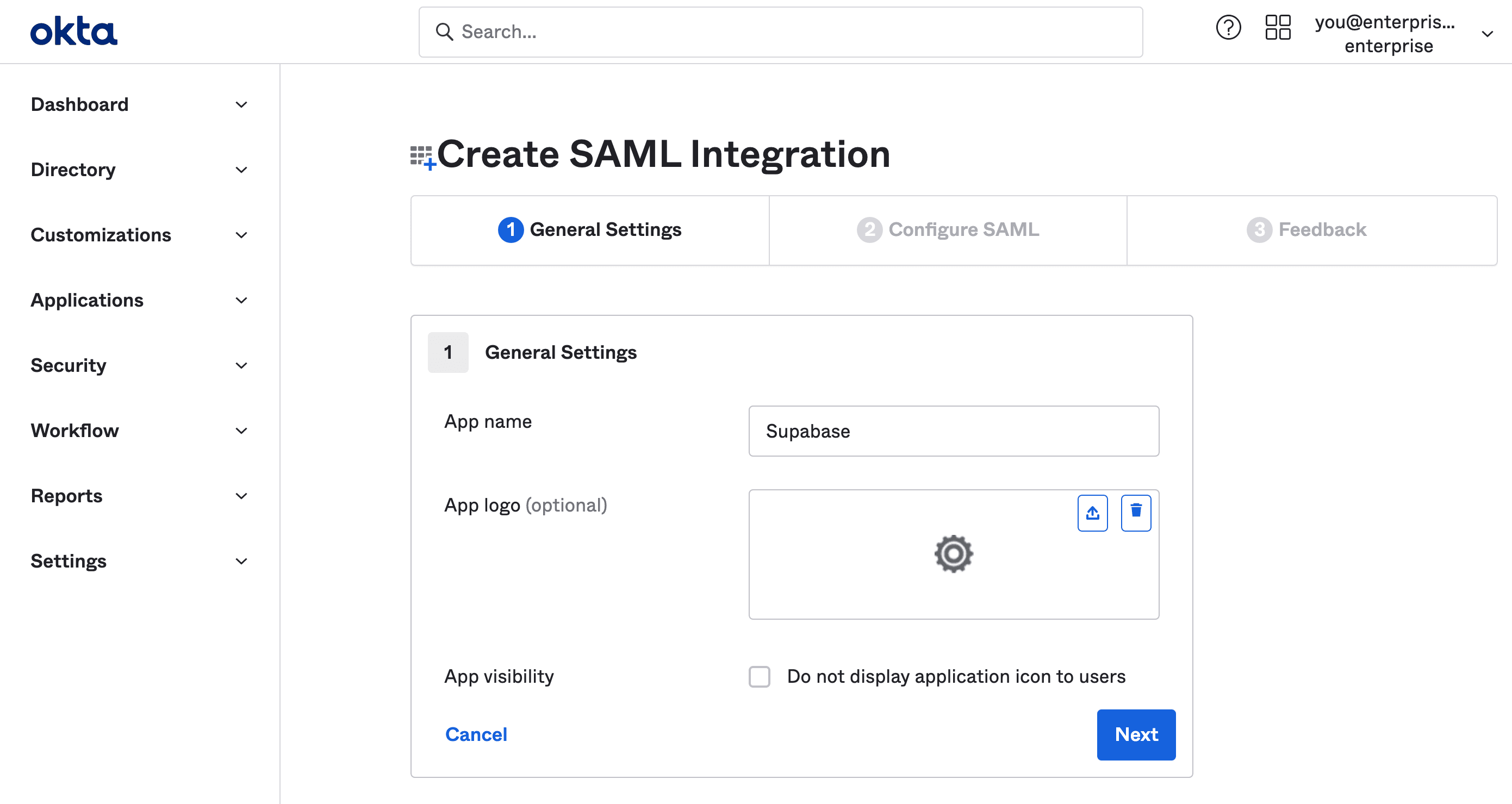 Okta dashboard: Create SAML Integration wizard